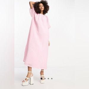 ASOS DESIGN textured midi dress with gathered neck, pink